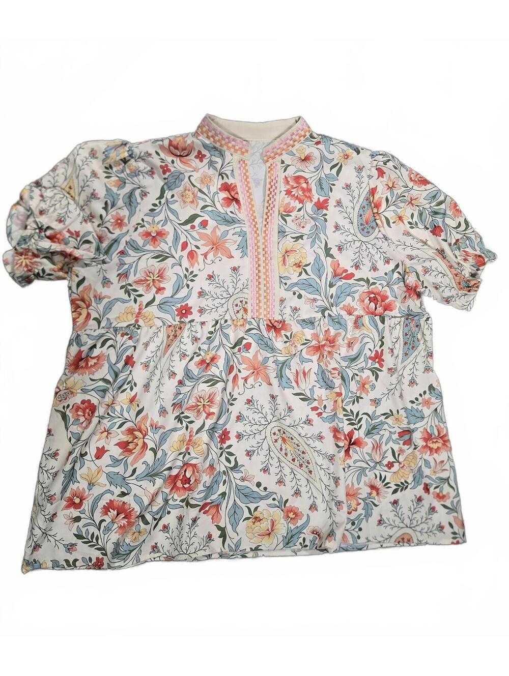 Vintage Floral Paisley Boho Puff Sleeve Blouse 2XL Retro 70s